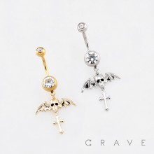 BAT WING MOTIF WITH A SKULL DANGLING CROSS CHARM BELLY BUTTON NAVEL RING 316L SURGICAL STEEL